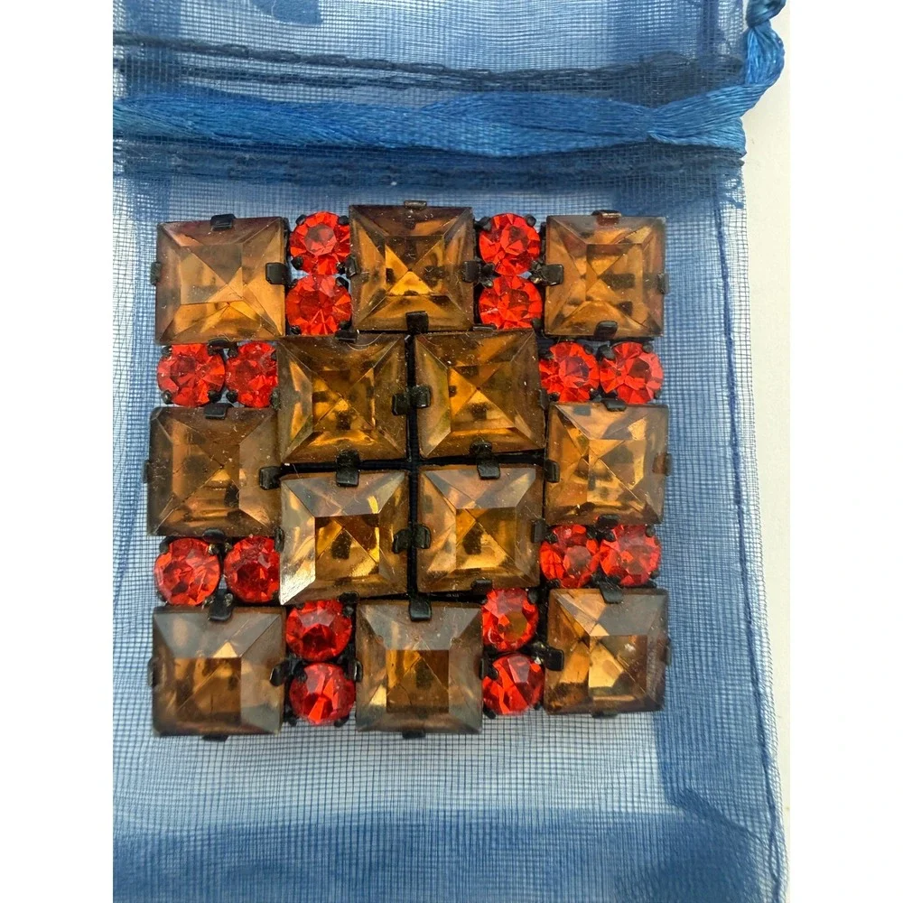 Vintage Made in Austria Amber Red Glass Crystal Square Brooch Retro Gift for Her